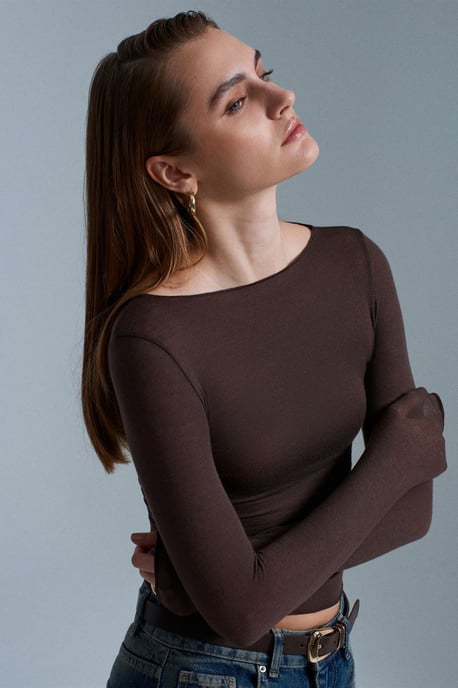 Slim Fit Båtkrage Blus med Långa Ärmar - Image 2