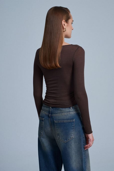Slim Fit Båtkrage Blus med Långa Ärmar - Image 3