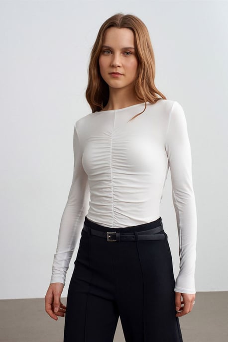 Slim Fit Båtkrage Blus med Långa Ärmar - Image 4