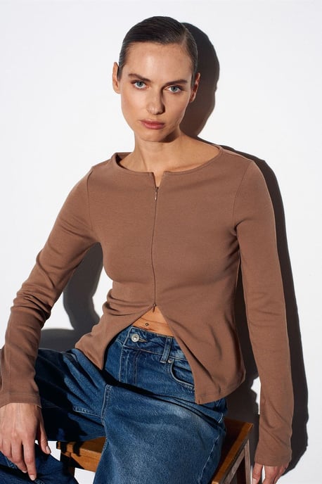 Slim Fit Bomullsmix Dragkedja Blus - Image 3