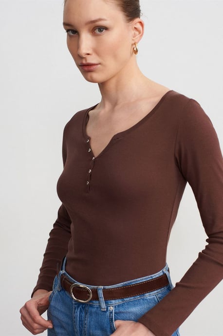 Slim Fit Bomullslångärmad Blus med Knapp - Image 3