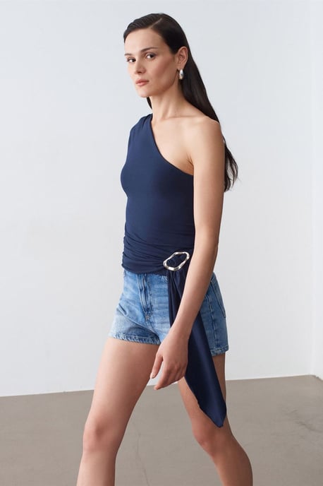 Slim Fit Off-Shoulder Jersey Blouse Met Strikdetail - Image 3
