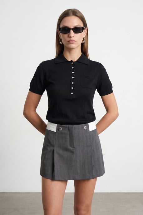 Slim Fit Polokragad Stickad Blus - Image 1