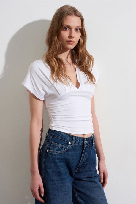 Slim Fit V-ringad Blus med Knytband - Image 3