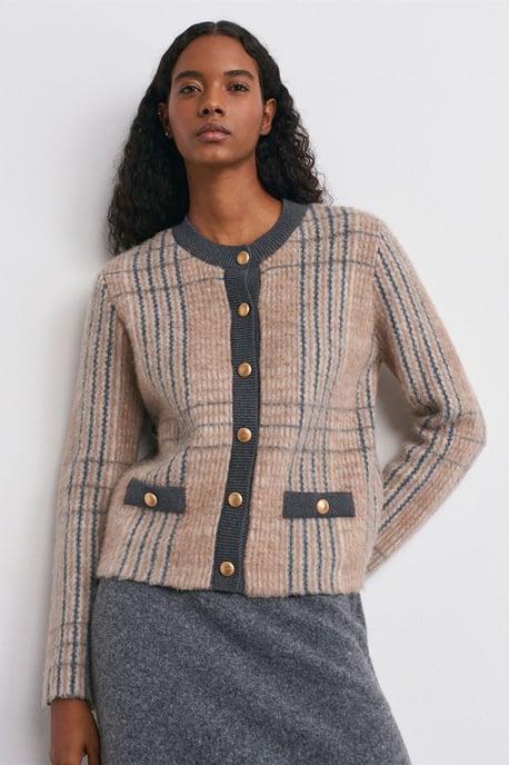 Plaid Jacquard Crew Neck Cardigan - Image 1