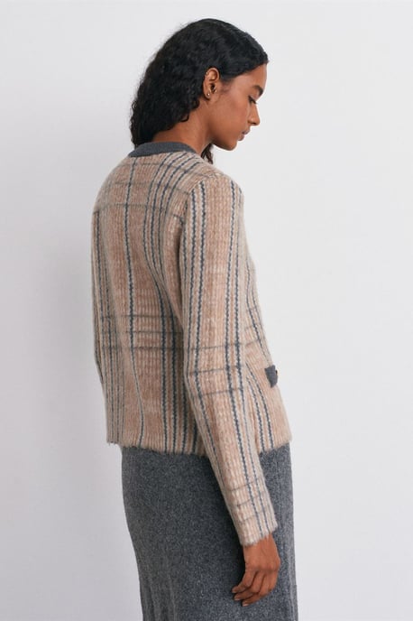 Plaid Jacquard Crew Neck Cardigan - Image 2