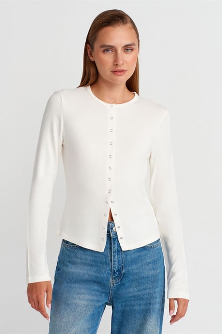 Ribbed Crew Neck Button Cardigan - Image 1