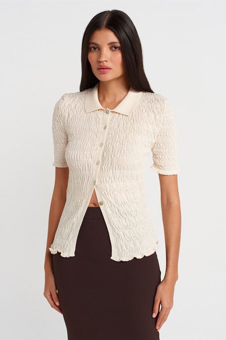 Tajt ribbad bomullsblandning kortärmad cardigan - Image 1