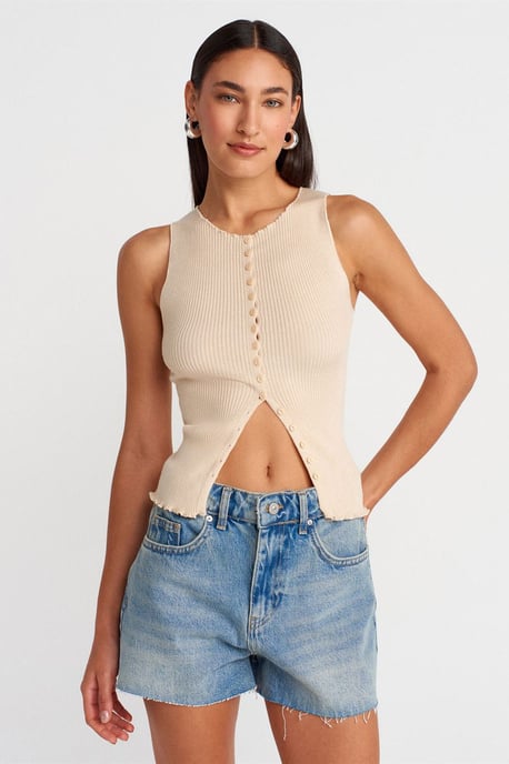 Mouwloze Geribbelde Knopen Cardigan - Image 1