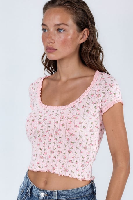 Floral U Collar Frilly Blouse - Image 1