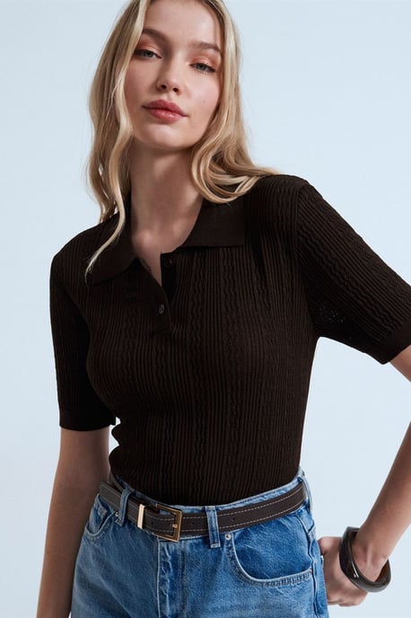 Textuurgevlochten Kant Brei Polo Blouse - Image 3
