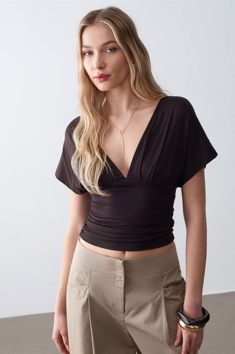 Slim Fit V-ringad Blus med Knytband - Image 3