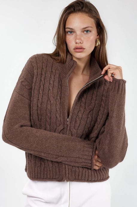 Korte Zachte Touch Rits Kabelgebreide Cardigan - Image 2