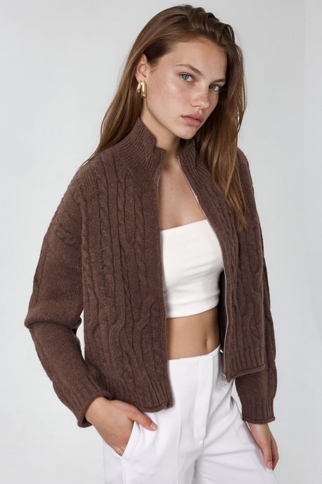 Korte Zachte Touch Rits Kabelgebreide Cardigan - Image 4
