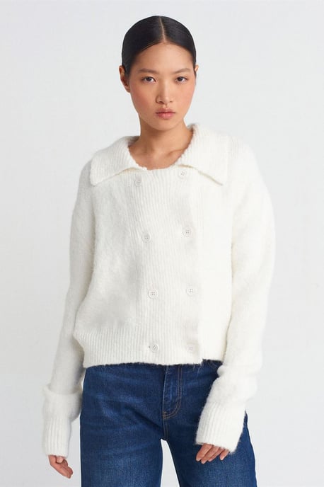 Ribbad polo-krage knappkort cardigan - Image 1