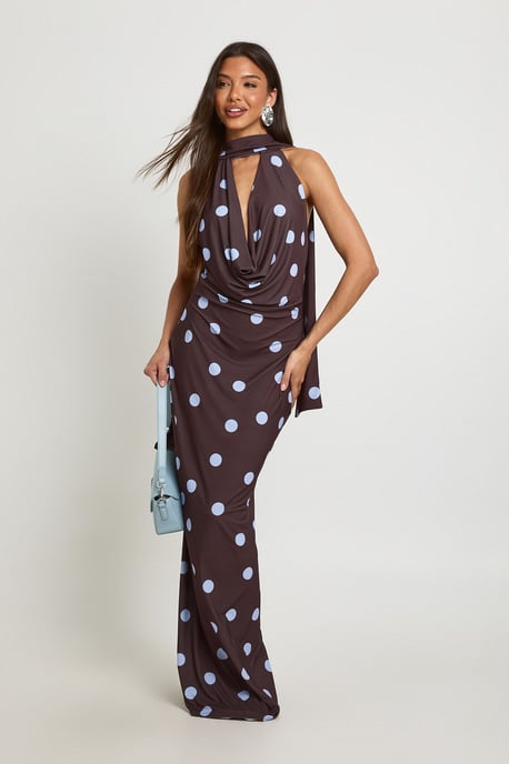 Tonal Polka Dot Print Scarf Detail Maxi Dress - Image 1