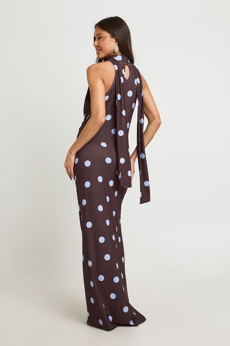 Tonal Polka Dot Print Scarf Detail Maxi Dress - Image 2