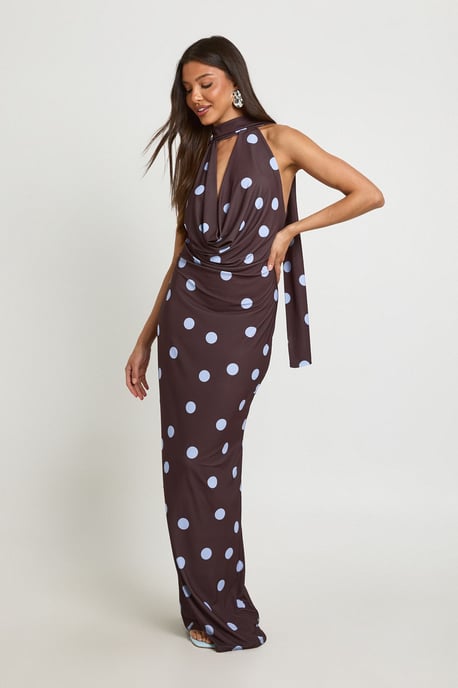 Tonal Polka Dot Print Scarf Detail Maxi Dress - Image 3