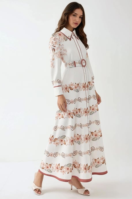 Printed Long Sleeve Maxi Dress with Belt - Image 2