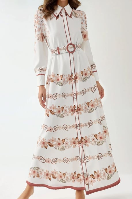 Printed Long Sleeve Maxi Dress with Belt - Image 3