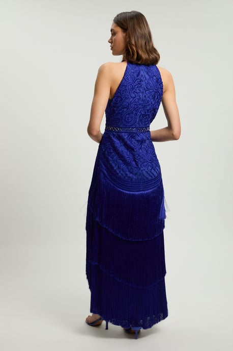 Fringed Beaded Halter Neck Woven Maxi Dress - Image 3