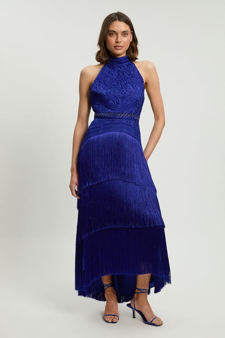 Fringed Beaded Halter Neck Woven Maxi Dress - Image 4