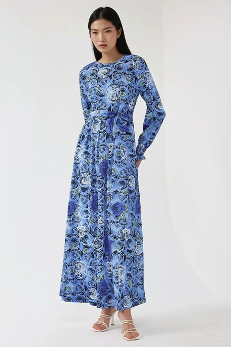 Bloemenprint Maxi Jurk met Lange Mouwen en Ceintuur - Image 2