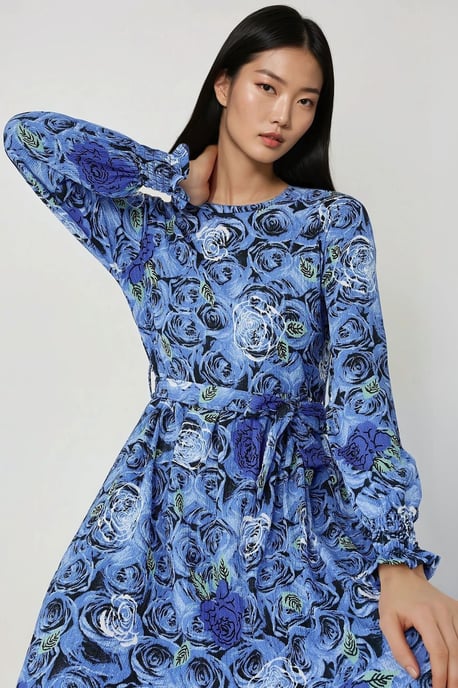 Bloemenprint Maxi Jurk met Lange Mouwen en Ceintuur - Image 3