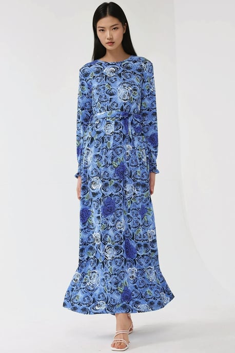 Bloemenprint Maxi Jurk met Lange Mouwen en Ceintuur - Image 4