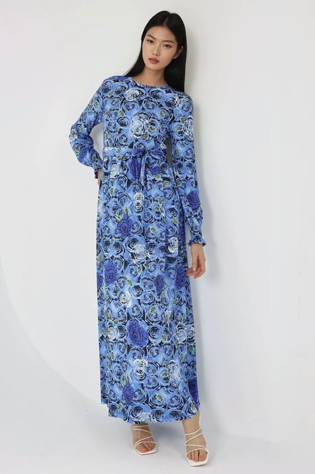 Bloemenprint Maxi Jurk met Lange Mouwen en Ceintuur - Image 5