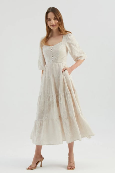 Embroidered Sweetheart Neck Tiered Maxi Dress with a Puff Sleeves - Image 1