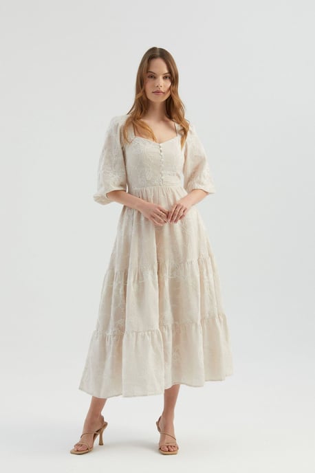 Embroidered Sweetheart Neck Tiered Maxi Dress with a Puff Sleeves - Image 2