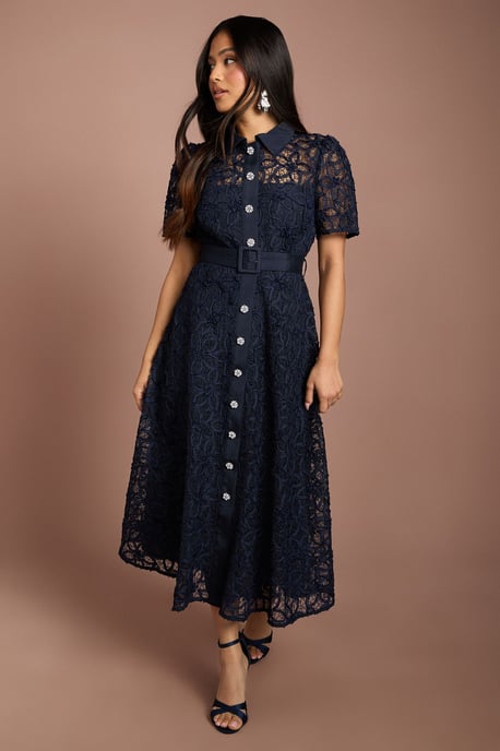 Petite Floral Lace Collared Midi Dress - Image 1
