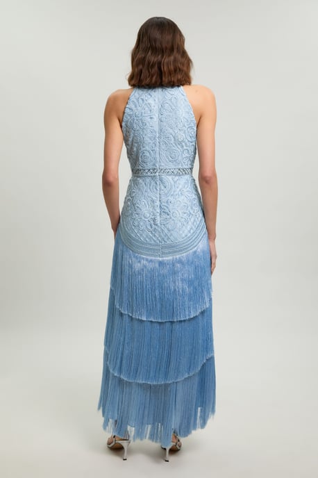 Fringed Beaded Halter Neck Woven Maxi Dress - Image 3