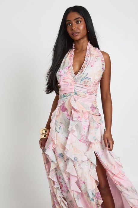 Chiffon Floral Ruffle Detail Halterneck Maxi Dress - Image 3
