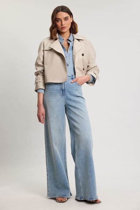 Leather High Neck Crop Trench Coat - Image 1