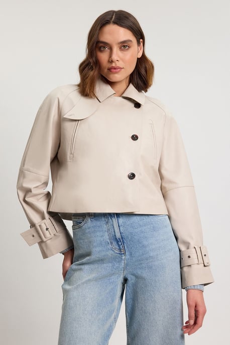 Leather High Neck Crop Trench Coat - Image 2