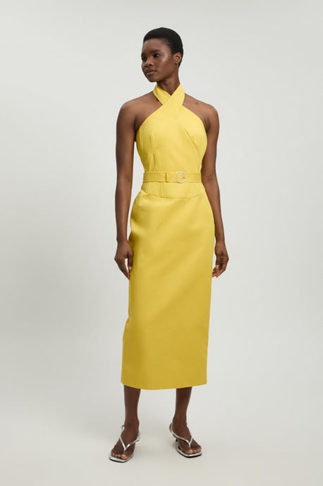 Tailored Cotton Sateen Pencil Belted Midi Dress - Image 1