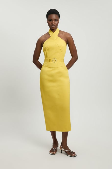 Tailored Cotton Sateen Pencil Belted Midi Dress - Image 4