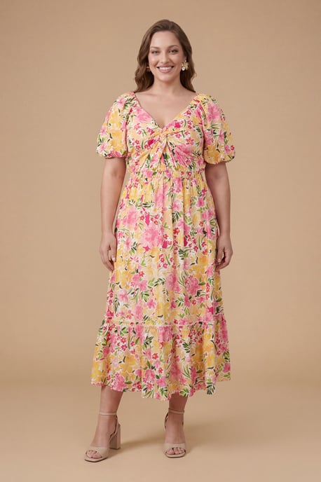 Plus Floral Poplin Twist Front Midi Dress - Image 1
