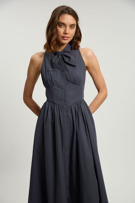 Cotton Poplin Tie Neck Midi Dress - Image 2