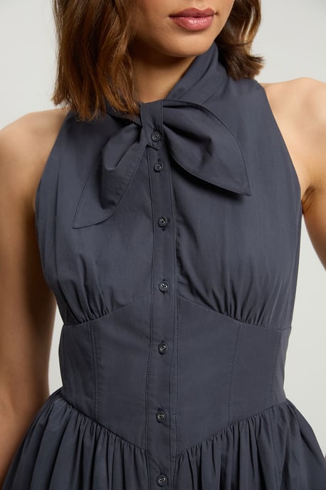 Cotton Poplin Tie Neck Midi Dress - Image 4