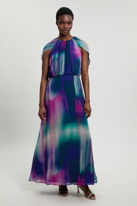 Crinkle Georgette Cape Blur Print Woven Maxi Dress - Image 1