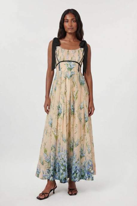 Floral Silk Cotton Tie Strap Woven Midi Dress - Image 1