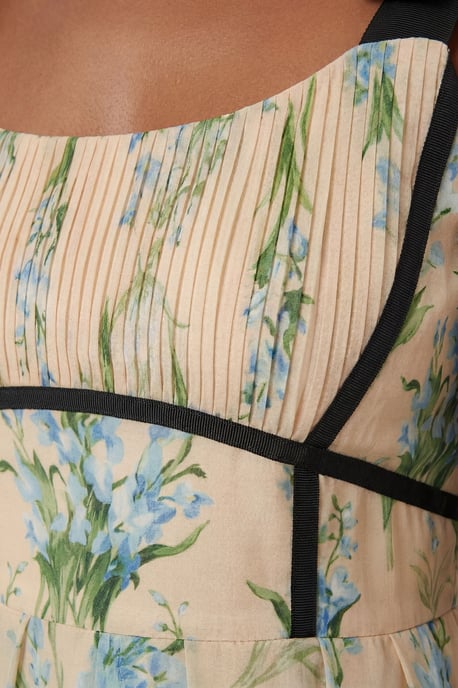 Floral Silk Cotton Tie Strap Woven Midi Dress - Image 2