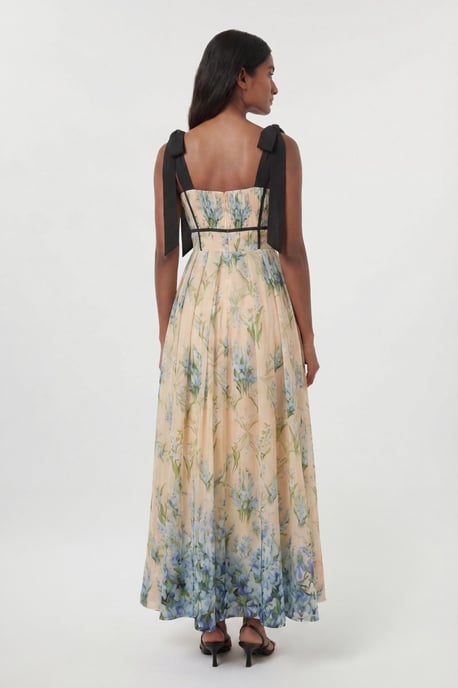 Floral Silk Cotton Tie Strap Woven Midi Dress - Image 3