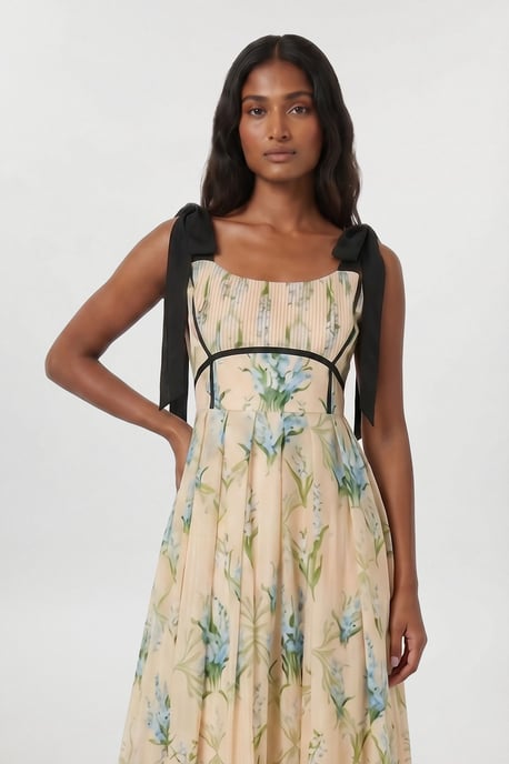 Floral Silk Cotton Tie Strap Woven Midi Dress - Image 4