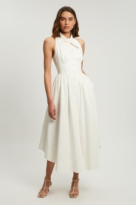 Cotton Poplin Tie Neck Midi Dress - Image 1