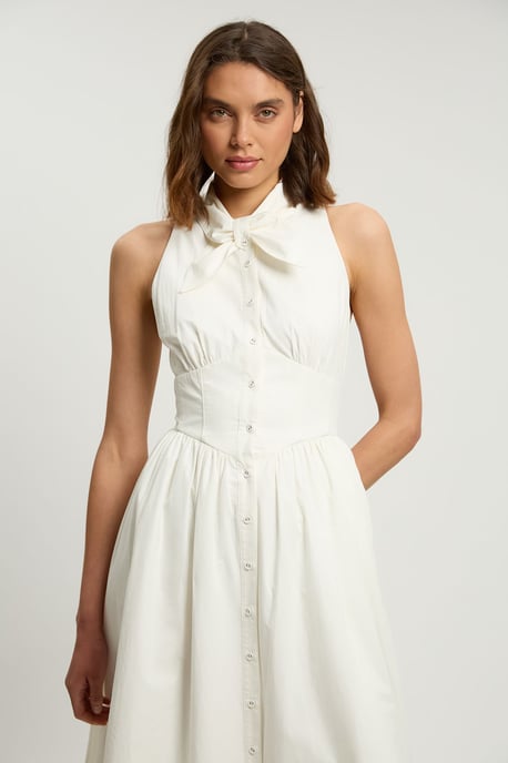 Cotton Poplin Tie Neck Midi Dress - Image 2