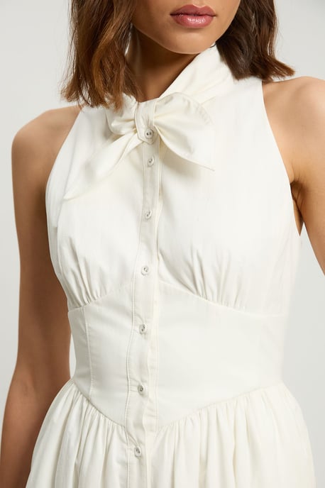 Cotton Poplin Tie Neck Midi Dress - Image 4